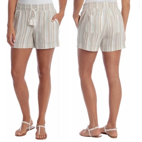 Briggs Linen Shorts Medium Cream Beige Blue Striped Eyelet Detail Rope Ties - Picture 1 of 12